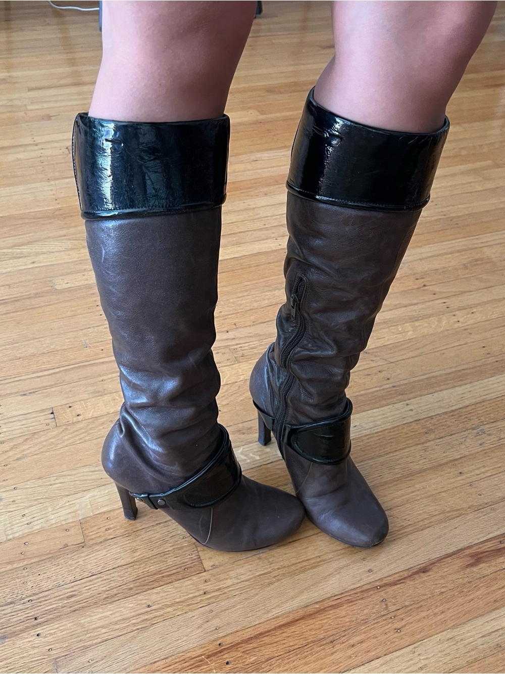 Nine West Brown Leather Knee-High Boots with Black Patent Cuffs